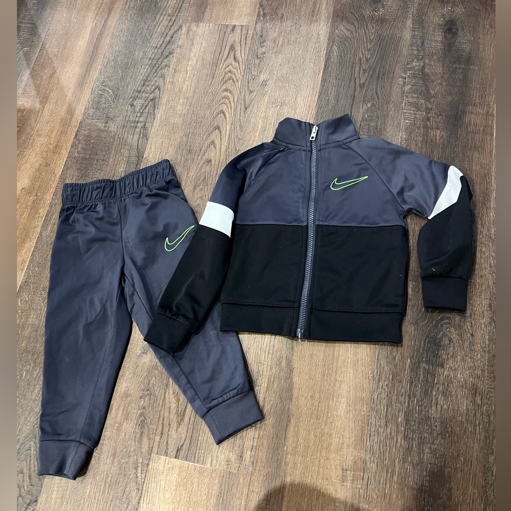 Nike Kids' Black and Gray Tracksuit with Green Logo
